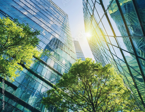 Glass skyscraper reflecting green trees, creating a harmonious blend of nature and modern architecture.