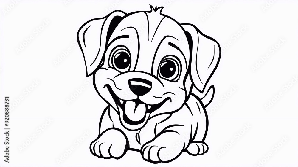 Fototapeta premium Coloring book for children. An illustration of a playful puppy with big, expressive eyes and a joyful demeanor that evokes feelings of warmth and happiness. Black and white coloring page