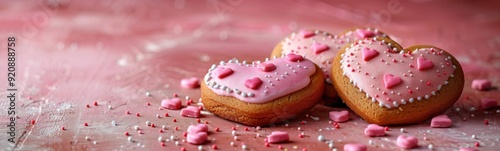 Heart shaped cookies with pink frosting on a pink surface, Food background, Love background, Banner, Copy space