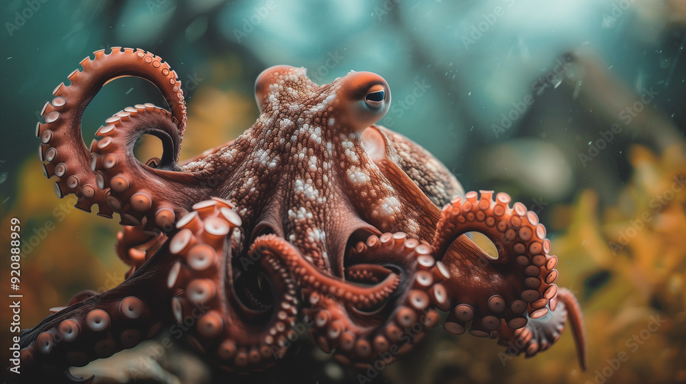 Fototapeta premium Detailed close-up of a mimic octopus, Thaumoctopus mimicus, displaying intricate skin patterns.