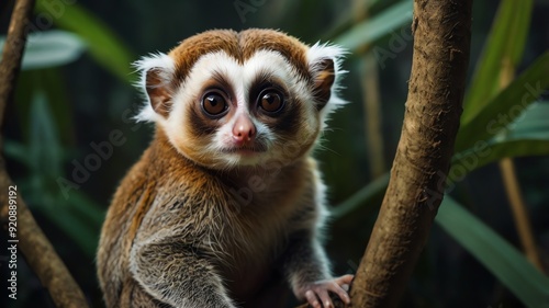A small, furry primate with large eyes, brown and white fur, and a pink nose is sitting on a tree branch.