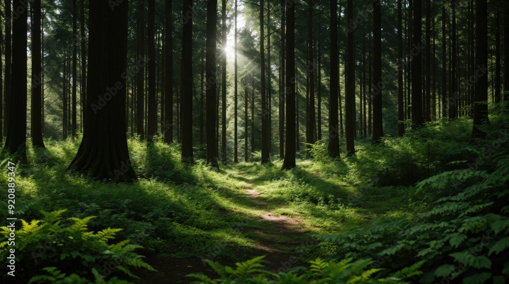 Naklejka premium Bright sunbeams piercing through verdant forests revealing path surrounded by tall trees and ferns