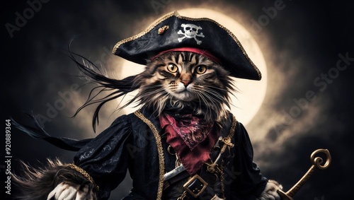 A cat wearing a pirate costume stands confidently against a glowing moon