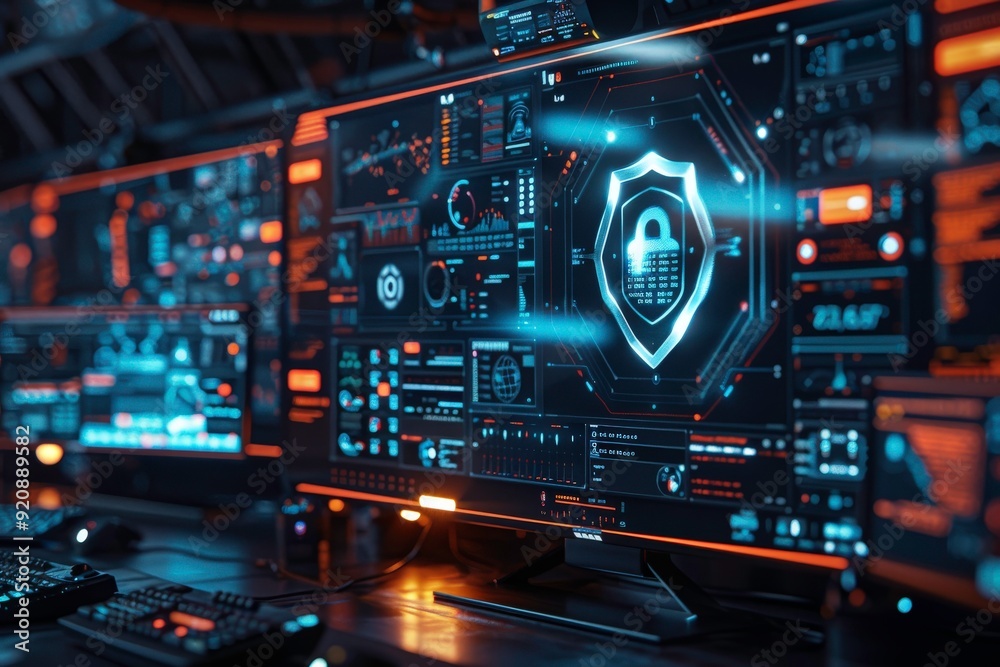 A futuristic digital workspace displaying cybersecurity data and analytics. A futuristic digital workspace displaying cybersecurity data and analytics.
