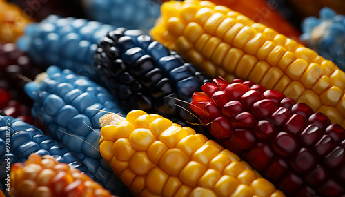 Multi colored corn on the cob, a healthy autumn decoration generated by AI