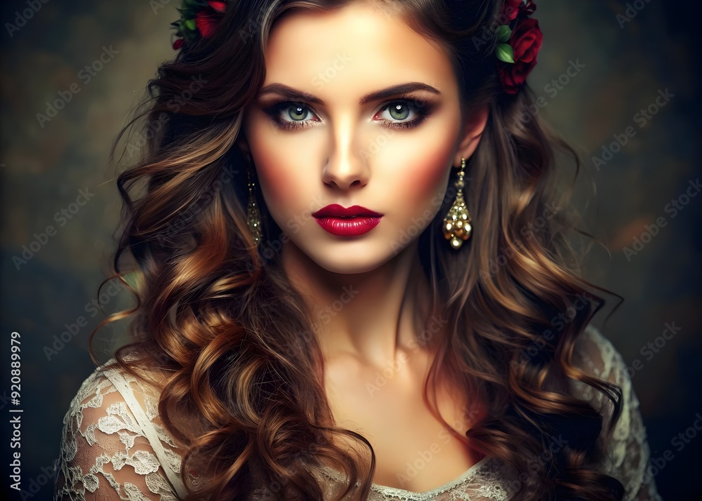 Elegant Woman Portrait with Curly Hair Beautiful Makeup Red Lips Flowers Earrings Elegant Woman Portrait with Curly Hair Beautiful Makeup Red Lips Flowers Earrings