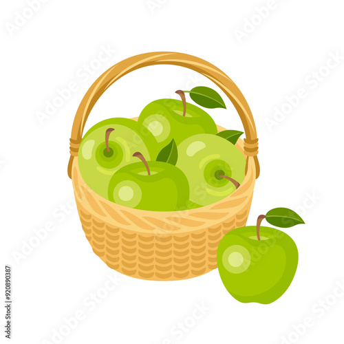 Basket with green apples. Vector flat illustration. Cartoon fresh fruit. Food icon.