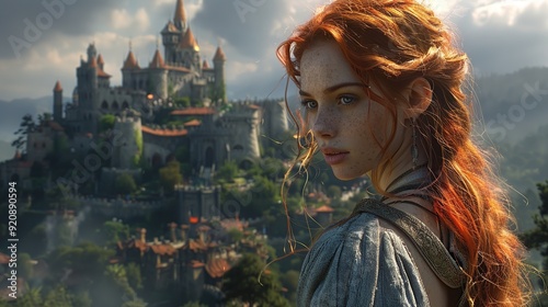 Red Haired Woman Looking at a Castle