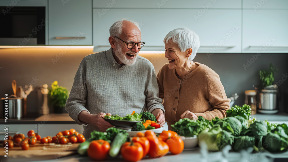 Cheerful senior couple is having fun preparing a healthy vegetarian meal together Cheerful senior couple is having fun preparing a healthy vegetarian meal together