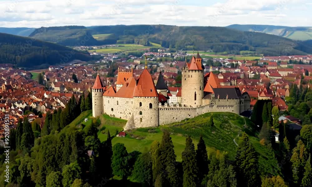 Aerial view of the castle Burg Hohenbaden in Germany beside Baden-Baden on a sunny morning in summer. Pan to the left with zoom out in front of the castle. Aerial view of the castle Burg Hohenbaden in Germany beside Baden-Baden on a sunny morning in summer. Pan to the left with zoom out in front of the castle.