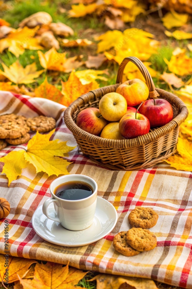 A cozy autumn picnic scene in the park. Cup of coffee, apple and cookies on picnic plaid on nature yellow leaves A cozy autumn picnic scene in the park. Cup of coffee, apple and cookies on picnic plaid on nature yellow leaves