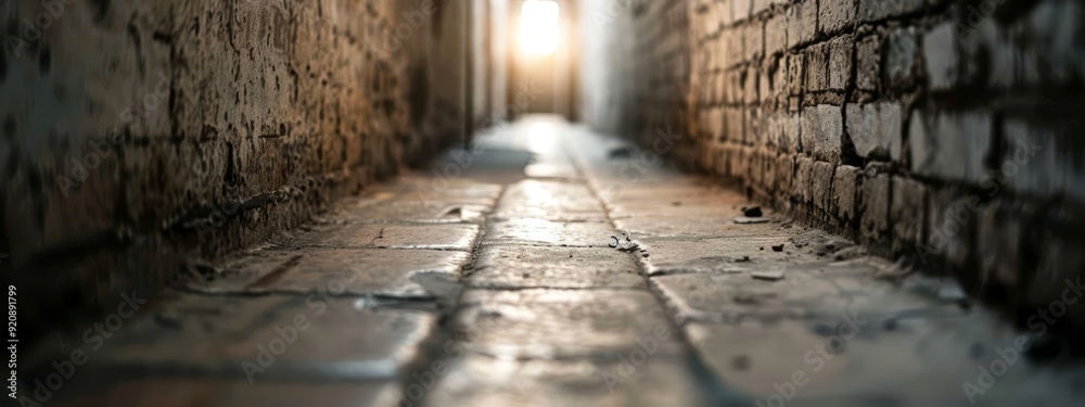 A narrow alleyway surrounded by brick walls, ending in a single, beacon-like light A narrow alleyway surrounded by brick walls, ending in a single, beacon-like light