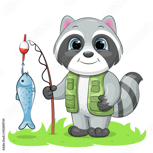 Cute cartoon raccoon holds a  fishing rod with fish. Vector illustration of animal isolated on white.