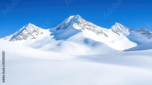 Snow-covered mountain landscape, peaks glistening in the sunlight, clear blue sky, untouched white snow, serene and majestic view, copy space for adventure and winter themes