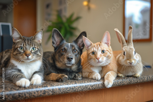 Group of pets including cats, dog, and rabbits sitting on a counter in a veterinary clinic, looking at the camera, illustrating pet care and veterinary services concept photo