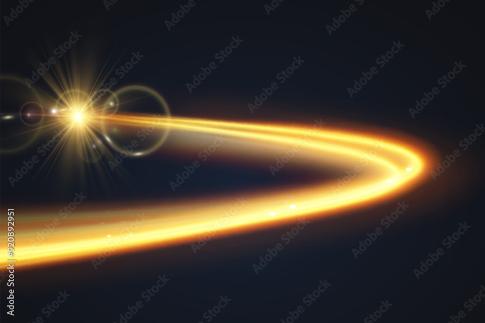 Obraz premium Light wave of shiny gold lines.Gold color glowing design element.Wavy bright stripes.