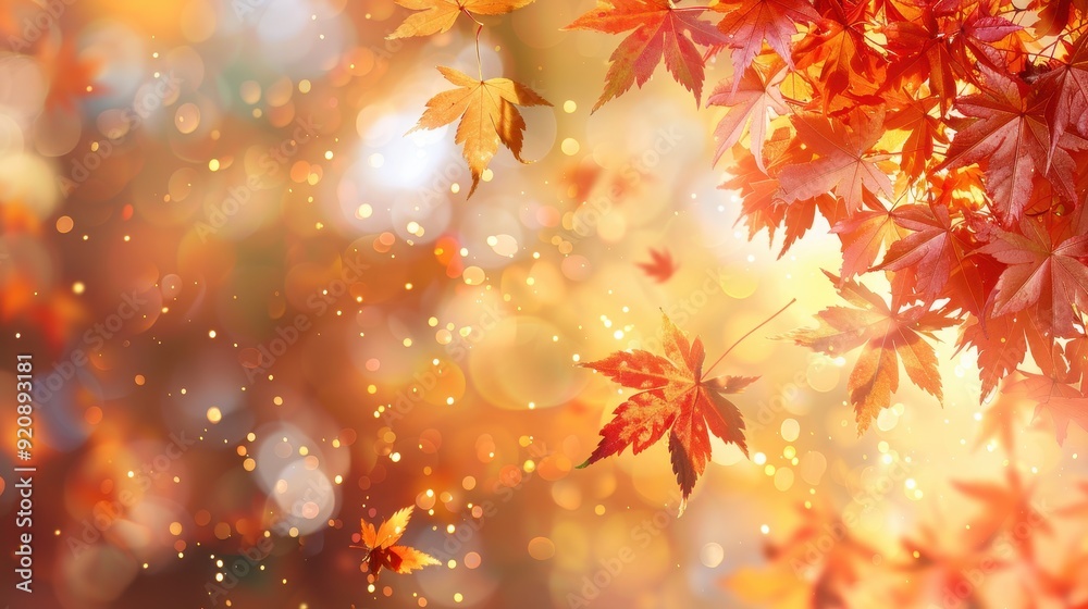 Vibrant Red Maple Leaves Against a Blurred Golden Background Vibrant Red Maple Leaves Against a Blurred Golden Background