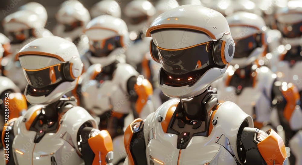 Fototapeta premium Group of artificial intelligence robots. group of cyborgs in factory