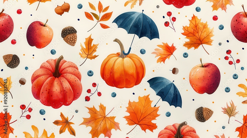 Fototapeta premium Autumnal Seamless Pattern with Pumpkins, Apples, and Leaves