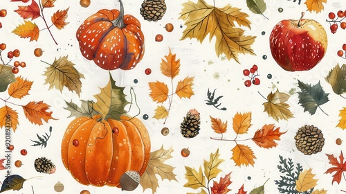 Watercolor Illustration of Autumnal Elements with Pumpkins, Apples, and Leaves