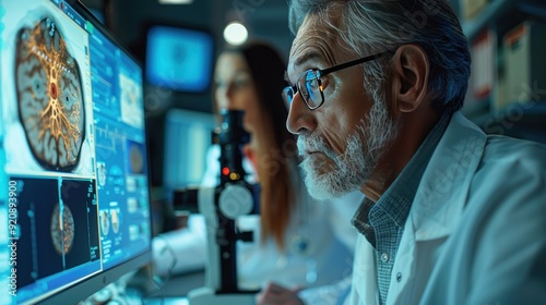 Realistic photograph of patient undergoing OCT scan, ophthalmologist explaining results on high-definition monitor.