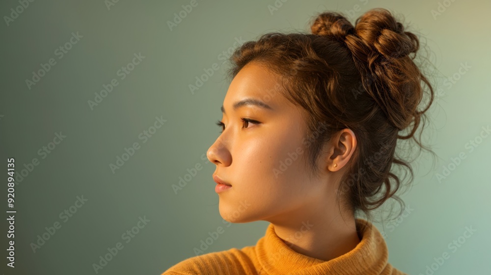 Bun-sporting lady gazes into the warm glow, highlighting her silhouette Bun-sporting lady gazes into the warm glow, highlighting her silhouette
