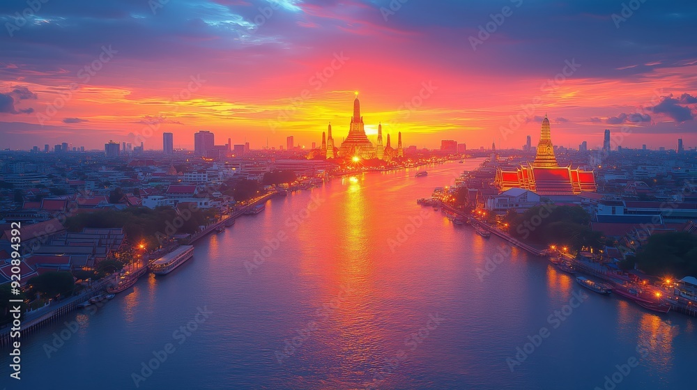 Fototapeta premium A stunning sunset view over the Chao Phraya River with Wat Arun illuminated in the background, capturing the essence of Bangkok riverside heritage and the serene beauty of its iconic temples, Copy