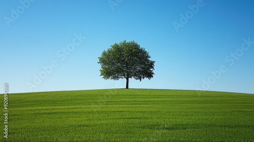 Solitary tree in the middle of a lush green field with a clear blue sky, capturing the simplicity of nature.