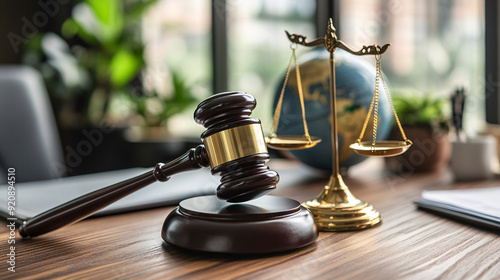 a legal gavel placed on a modern management work table. globe and justice balance scale beside for anti trust photo