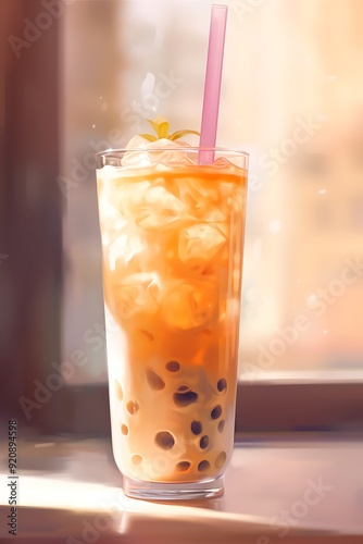 watercolor pearl milk tea with cream ,summer, hot, ice, high detailed