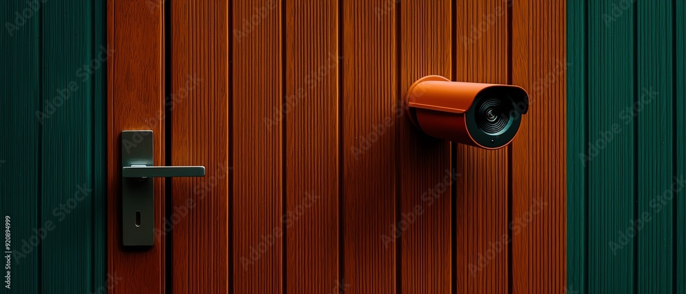 Closeup of a security camera mounted at a front door, integrated with smart home systems for realtime monitoring and alerts, smart home, camera security integration Closeup of a security camera mounted at a front door, integrated with smart home systems for realtime monitoring and alerts, smart home, camera security integration