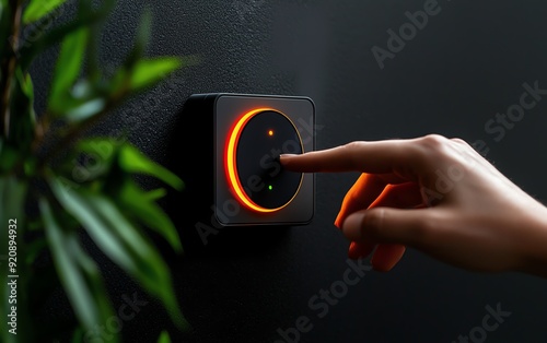 Closeup of a person using a voice assistant to check the status of their home s security system photo