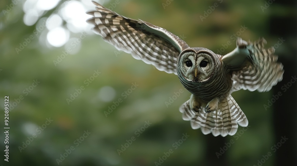 Fototapeta premium Focus Photo of a Barred Owl Flying. Animal Background with Copy Space