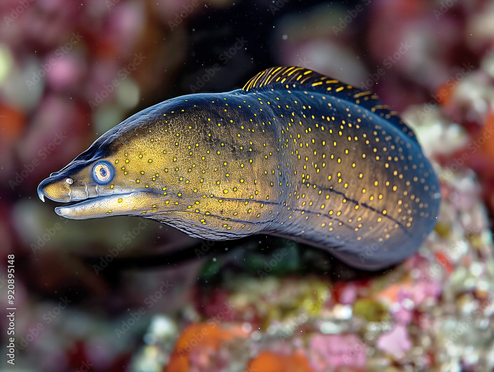 A fish with a yellow body and black spots swims in the ocean. The fish is surrounded by coral and rocks, and the water is clear and blue. The fish appears to be swimming freely