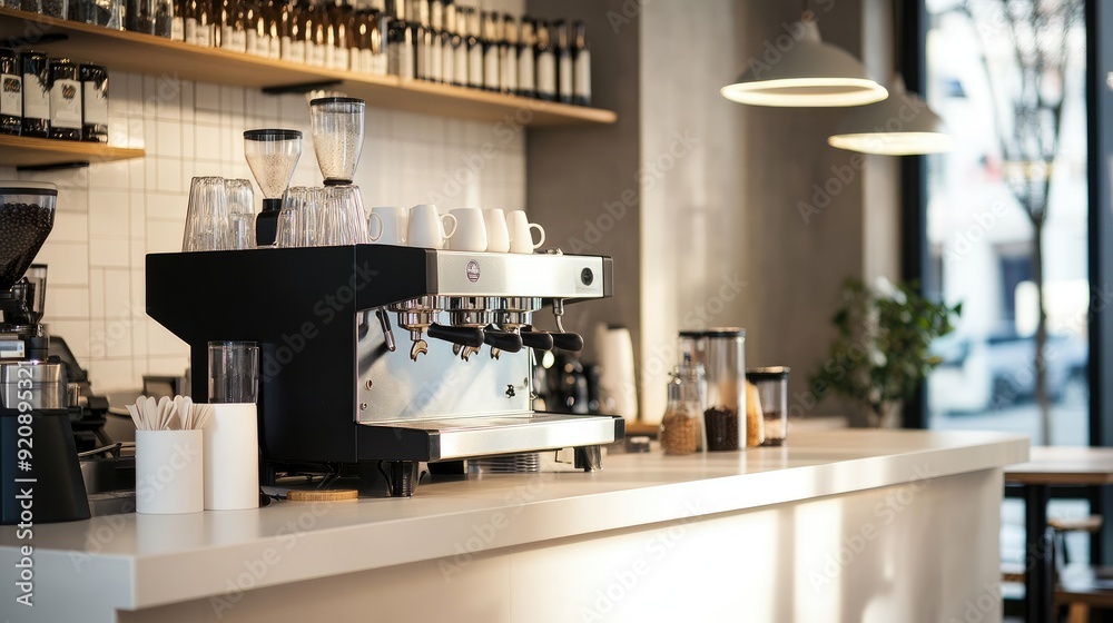 Stylish cafe bar with an ivory white table and coffee machine, reflecting a clean and contemporary design. Stylish cafe bar with an ivory white table and coffee machine, reflecting a clean and contemporary design.