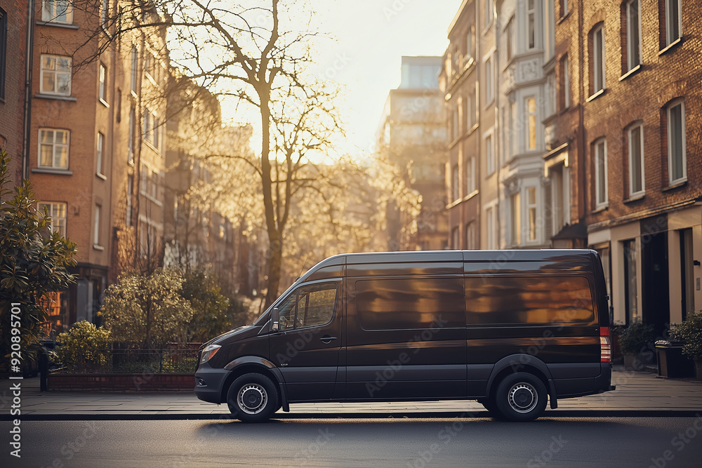 Obraz premium Black delivery van parked on a city street with classic architecture, ideal for urban transportation and courier services.