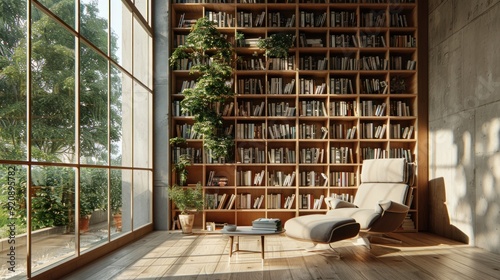 Minimalist tea room with bookshelf, armchair, side table.