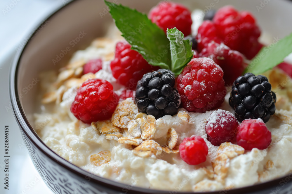 Close-up of a healthy oatmeal bowl with fresh raspberries, blackberries, and a mint garnish, ideal for a nutritious breakfast rich in fiber and antioxidants