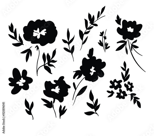 Hand Drawn monochrome flowers ink vector illustration, Silhouette of a flower arrangement on a white background