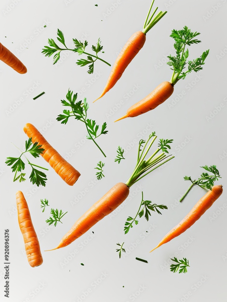 Fresh Carrot Sticks and Parsley Leaves in Flight on Minimalist White Background Fresh Carrot Sticks and Parsley Leaves in Flight on Minimalist White Background