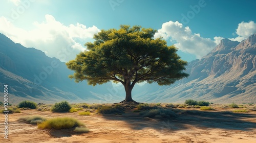 A panoramic view of a vast desert landscape with a single tree standing tall, symbolizing resilience, empowerment, and the balance between solitude and survival in nature most extreme environments,