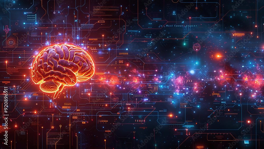 A Glowing Brain With a Digital Data Backdrop A Glowing Brain With a Digital Data Backdrop