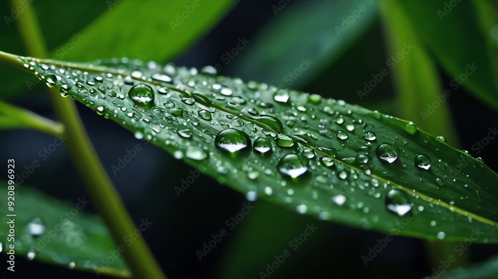A close-up of a long, green leaf with many water droplets on its surface. A close-up of a long, green leaf with many water droplets on its surface.