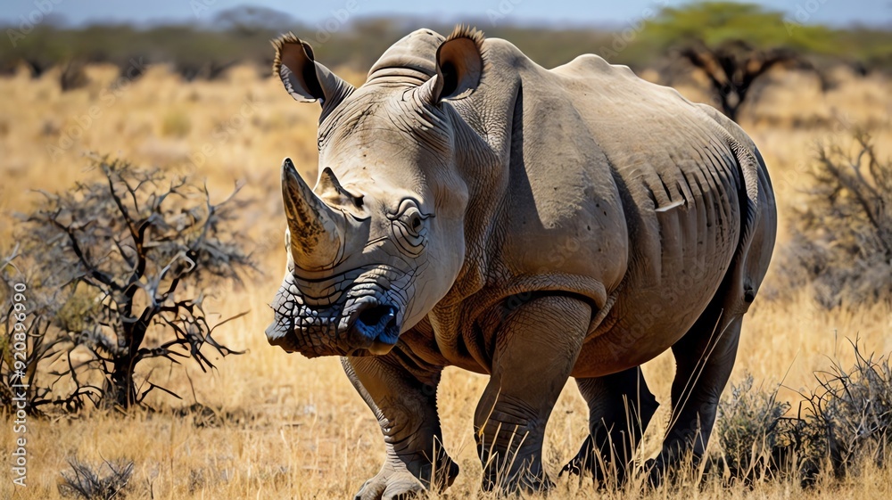 Fototapeta premium A large, gray rhinoceros standing in tall, dry grass with trees in the background.