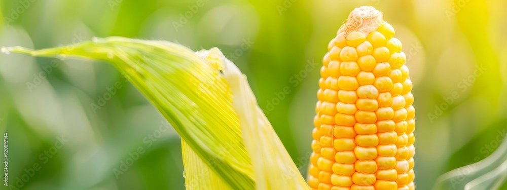 Obraz premium A tight shot of a corn cob against a sun-kissed backdrop, grassy surroundings softly blurred