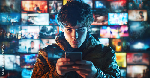 Young man with phone against a background of multiple screens