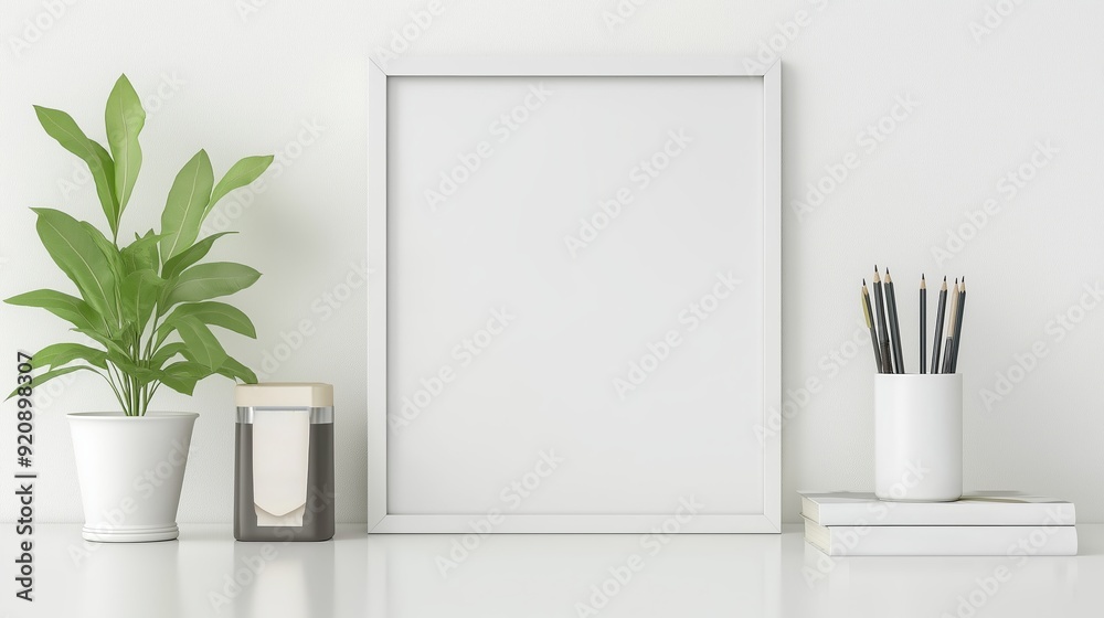 A blank white frame sits on a desk with a potted plant, a jar of pencils, and books. A blank white frame sits on a desk with a potted plant, a jar of pencils, and books.