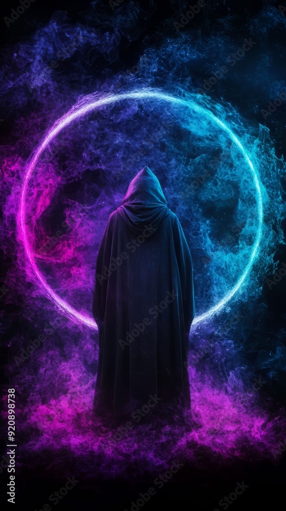 A mysterious figure in a hooded cloak stands before a glowing circular portal, surrounded by vibrant purple and blue smoke. A mysterious figure in a hooded cloak stands before a glowing circular portal, surrounded by vibrant purple and blue smoke.