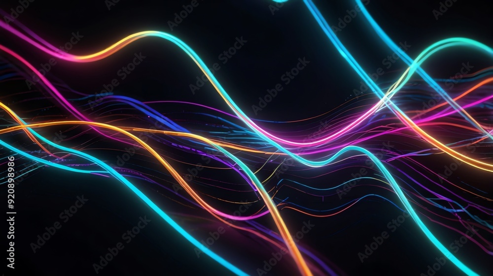 A dark background with wavy lines of different bright colors, including yellow, green, blue, and purple. A dark background with wavy lines of different bright colors, including yellow, green, blue, and purple.