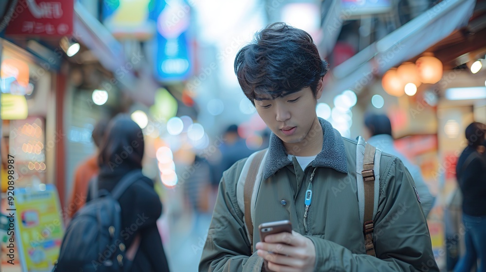 Young Man in Tokyo using his Phone Young Man in Tokyo using his Phone
